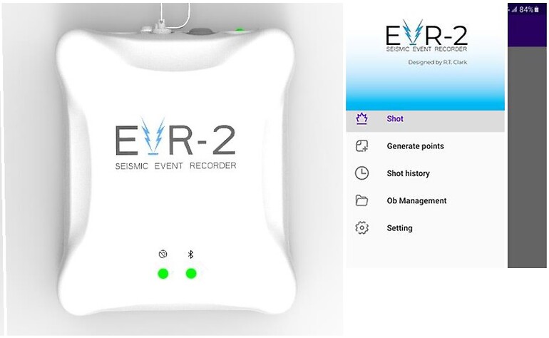 Fig.1. Image of the EVR-2 Seismic Event Recorder unit and on the right is a screenshot of the Android app interface. (Image courteously provided by RT Clark)