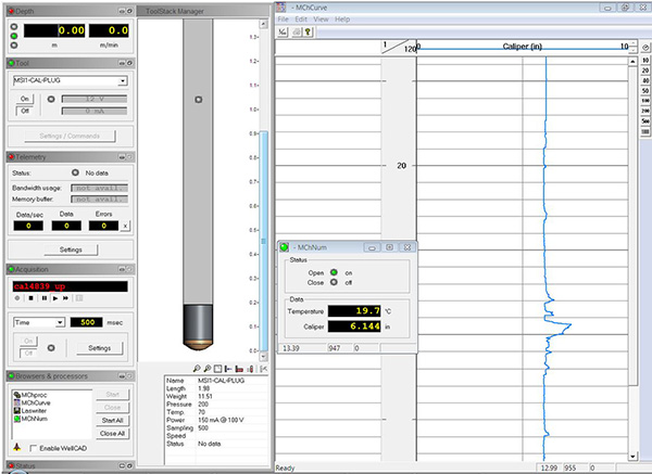 Example of real-time Caliper log when recorded in MATRIX. Image courteous of Mount Sporis Instruments Inc.