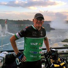 Tom Nicols - Picture shows Tom completing his solo cycle across North America, that’s right from West to East coast!