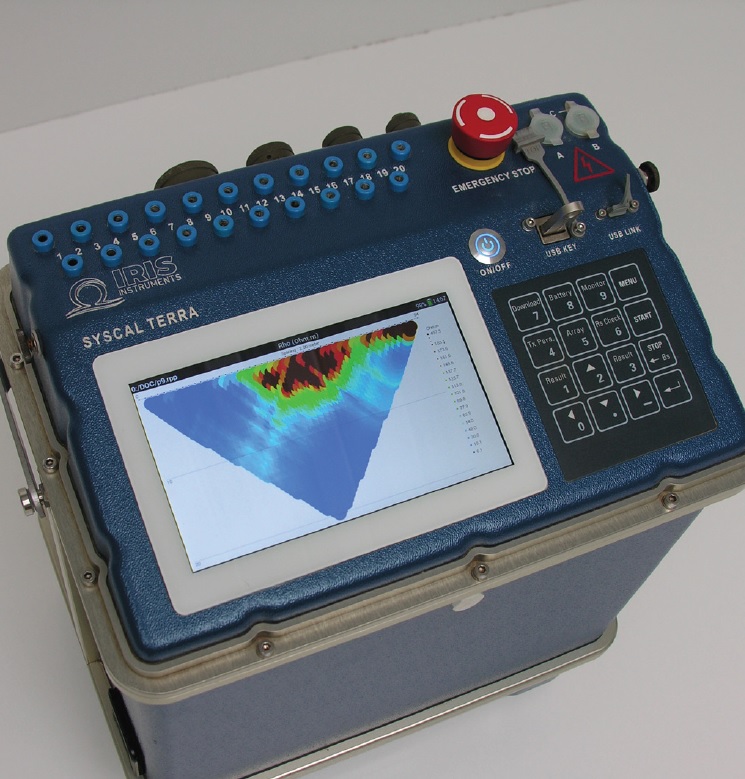 Fig 1. Top View of the Syscal terra unit including the colour display, keypad and ports (Image courteously provided by Iris Instruments)