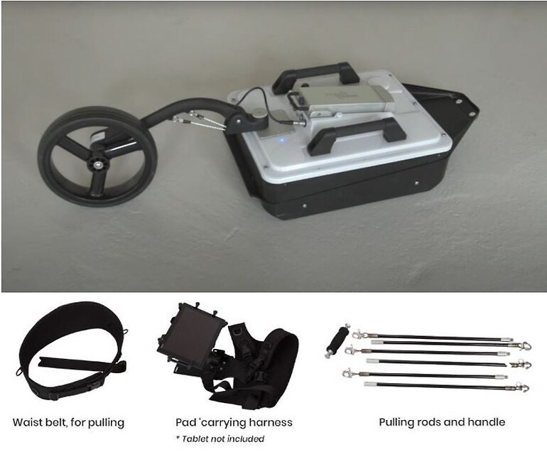 Fig.1. Image showing the crossover measuring wheel and antenna (the pulling accessories are featured below) which can be used in difficult terrain. Image courteously provided by impulse radar.