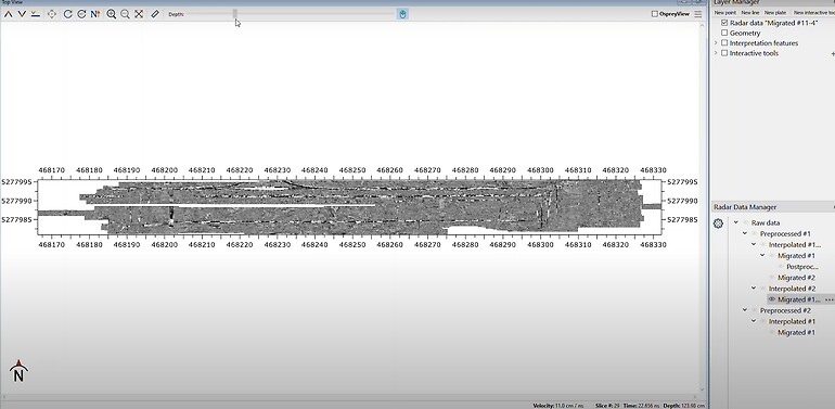 Image showing the normal thin slice view of the acquired 3D data. The user can scan through the depth using the software to have a better understanding of the site