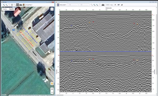 Screen capture of the Crosspoint software including the georeferenced data/map. Image courteously provided by Impulse Radar