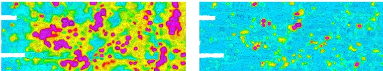 Fig.2. The image on the right shows the raw data aqcisition data and the image on the left shows the filtered post processed data of the metallic targets, plus the magnetic signature of the rocks and soil (Image courteously provided by Geonics)
