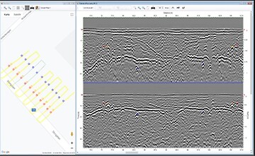 Screen capture of the Crosspoint software including the transect/profile lines. Image courteously provided by Impulse Radar