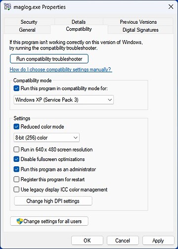 MagLog Windows 11 compatibility settings