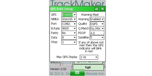 Nav31MK2 GPS Setup menu showing settings for recording the Archer2 internal GNSS positions and time stamp. Recommended when EM31MK2 is connected to the Archer2 by Serial RS232.