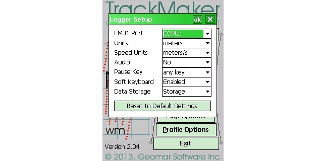 Nav31MK2 Logger Setup menu showing settings for recording EM31MK2 data via Serial RS232