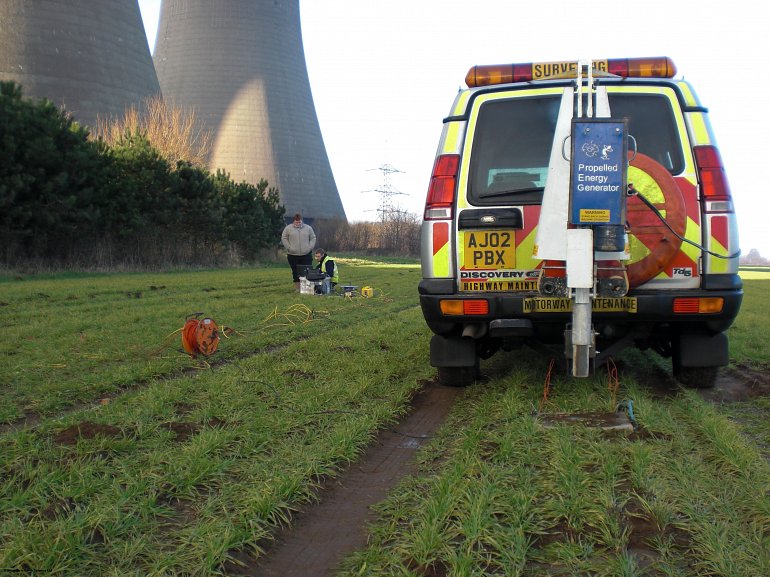 PEG40 seismic source in use alongside a 72 channel refraction spread. Image taken whilst on site with Fugro-GeoServices Ltd.