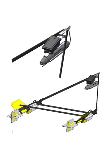 Drawing illustrating the deployment of the QAS⁴ telemetry system on a Transverse Gradiometer Frame with integrated Side Scan Sonar.