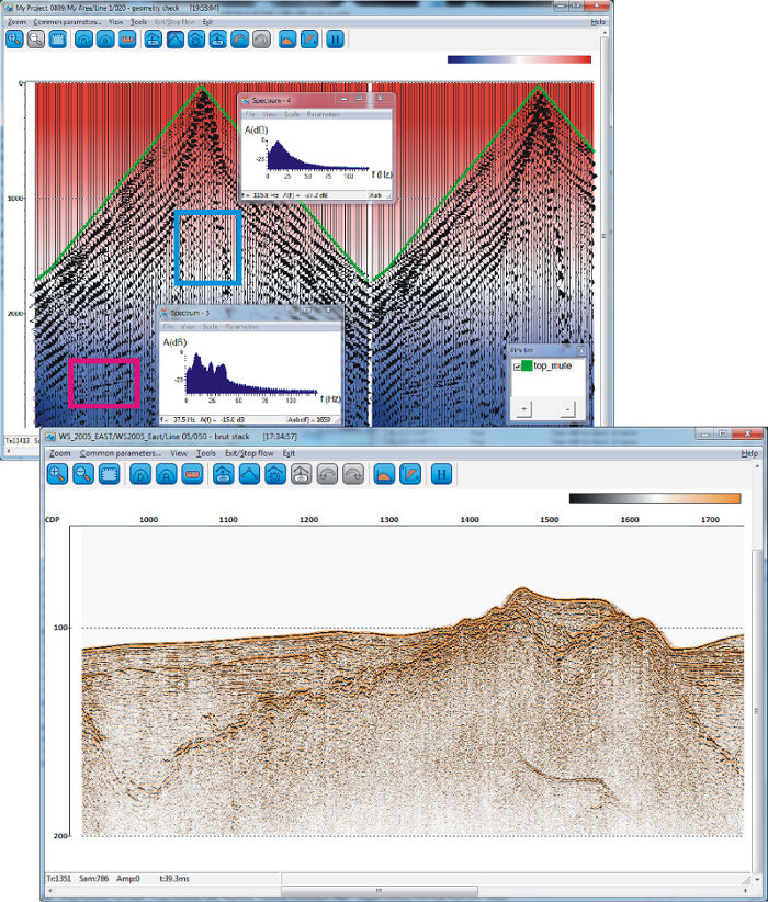 Shot gather and brute stack of marine high resolution marine seismic reflection data. Image Courtesy of Deco.