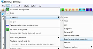 SPAC screenshot showing were to enter the Geophone sensitivity, damping and natural frequency to be able to convert mV to absolute acceleration