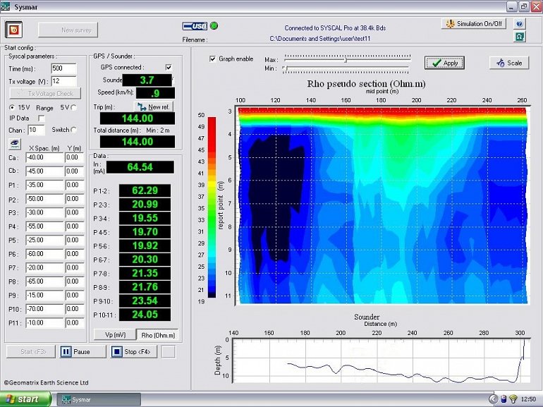 Screen capture from Sysmar, showing data collected using a 10 channel Syscal Pro in a fresh water lake.