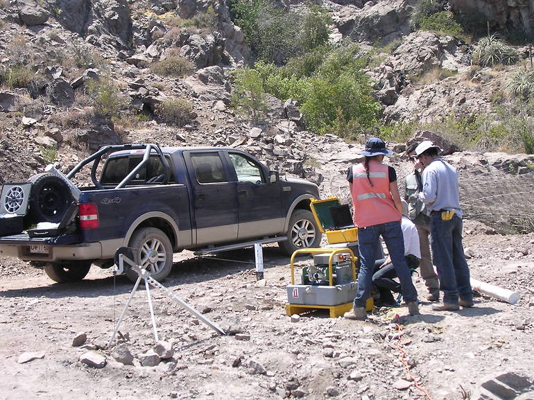 Well Logging, South America with a MX winch, gamma sonde, and MATRIX data logger. Image courtesy of Mount Sopris Instruments.