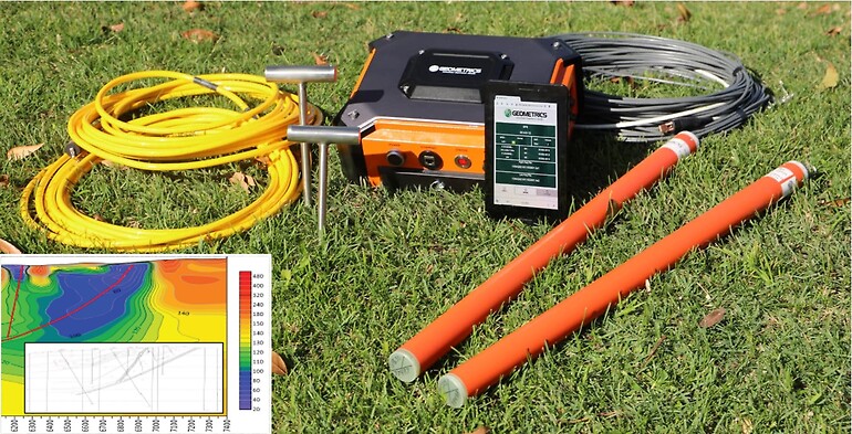 Fig. 1. Shows the Stratagem EH-5 components which includes the Stratagem console, Android tablet, stakes, cables and mag coils. The image on the left is a 2D inverted dataset from a mineral exploration study using the EH-5 showing a 65°-75° striking fault, close correlation to the geological map of the area (Image Courteously provided by Geometrics Inc)